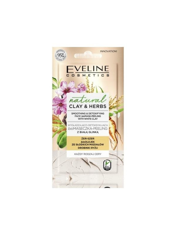 Eveline Natural Clay & Herbs gladmakende en ontgiftende Biomask - peeling met witte klei 8 ml