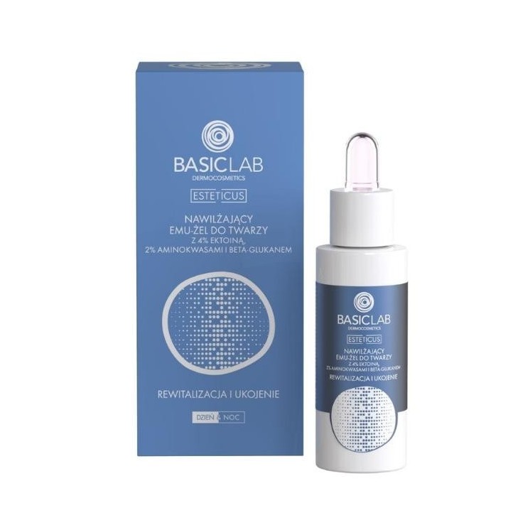 BasicLab Esteticus hydraterende gezichtsgel met emoe-extract, 4% ectoïne, aminozuren en bèta-glucaan, revitaliserend en kalmeren