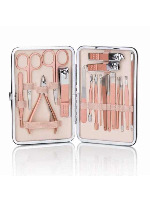 MollyLac Set of 18 Cosmetic Accessories for Manicures, Pedicure and Facial Treatments in a Powder Pink Case