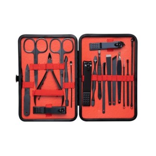 A set of 18 cosmetic accessories for manicures, pedicure and facial treatments in a case