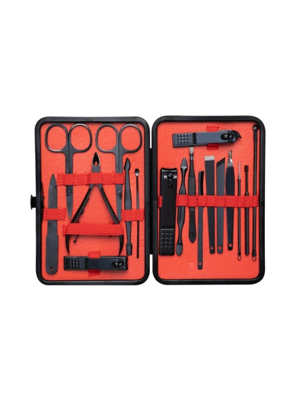 A set of 18 cosmetic accessories for manicures, pedicure and facial treatments in a case