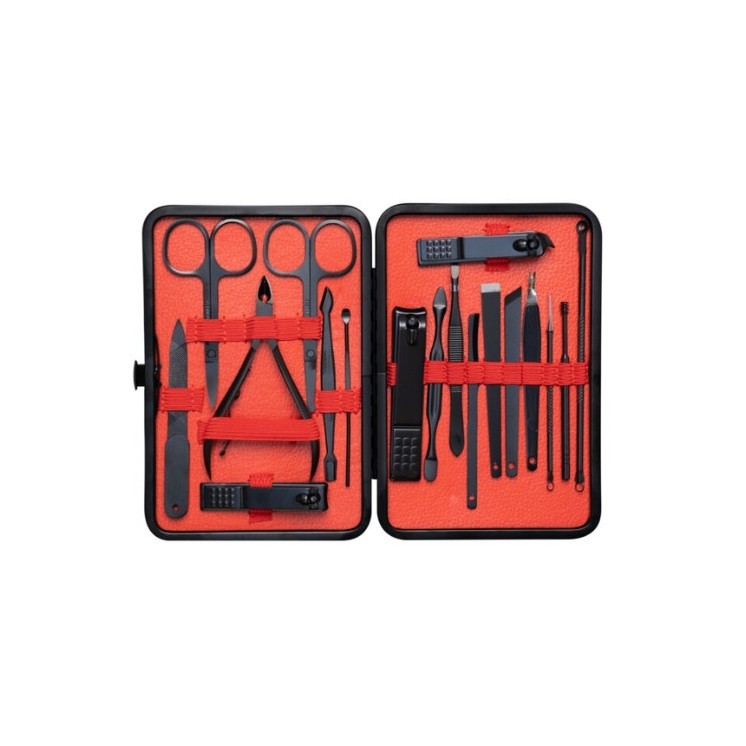 A set of 18 cosmetic accessories for manicures, pedicure and facial treatments in a case