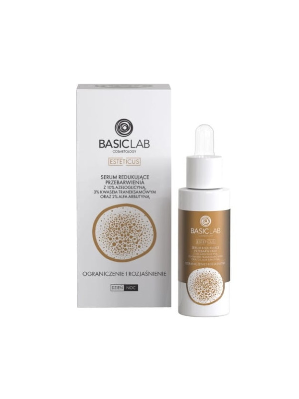 BasicLab Esteticus Serum dat verkleuring vermindert met 10% Azeloglycine, 3% Tranexaminezuur en 2% Alpha Arbutin 30 ml