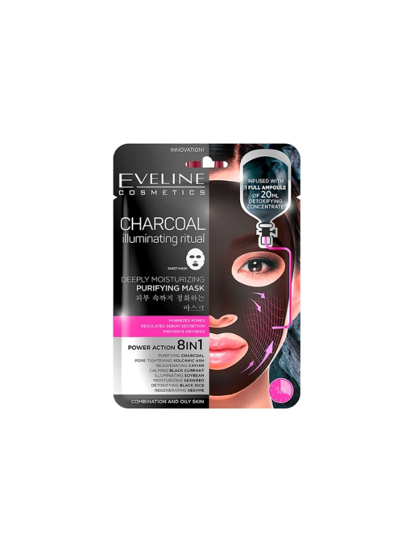 Eveline Charcoal 8in1 Reinigend gezichtsmasker in een vel, 1 stuk