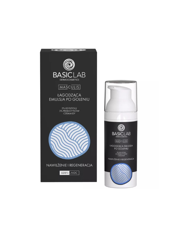 BasicLab Masculis verzachtende aftershave-emulsie Hydraterend en regeneratie 5 % Xylitol en 3% Prebiotica 50 ml