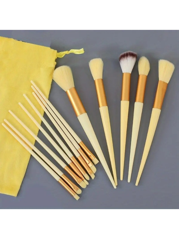 Set of professional Yellow makeup brushes, 13 pieces