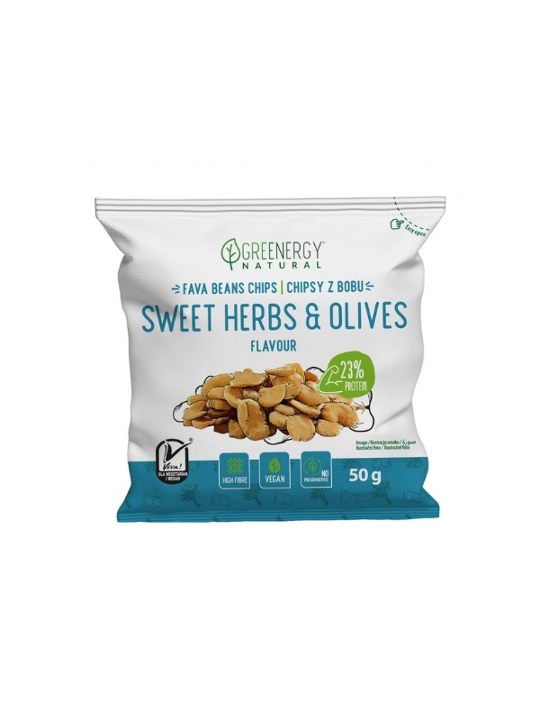 Greenergy Protein Tuinbonenchips met Zoete Kruiden & Olijven smaak 50 g