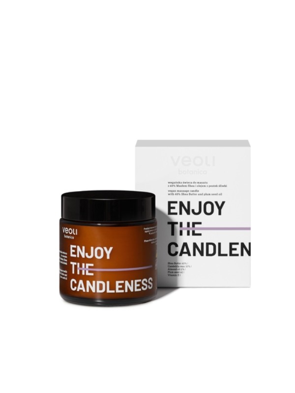 Veoli Botanica Enjoy the Candleness veganistische lichaamsmassagekaars met 40% Sheaboter en pruimenzaadolie 100 ml