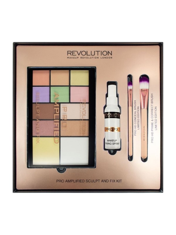 Makeup Revolution Amplified Sculpt and Fix Kit Gift Set: 12 Eye Shadow Palette, Makeup Fixer and Makeup Brushes