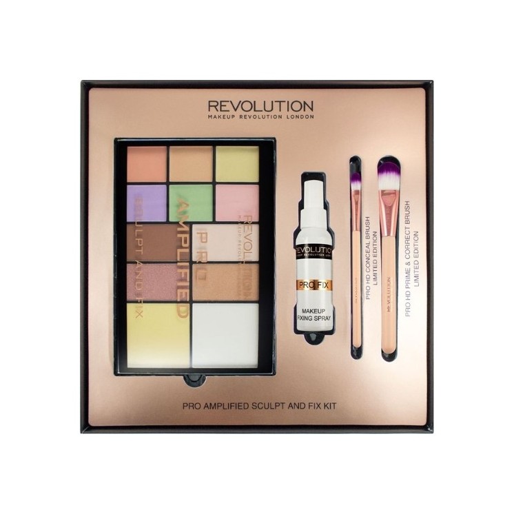 Makeup Revolution Amplified Sculpt and Fix Kit Gift Set: 12 Eye Shadow Palette, Makeup Fixer and Makeup Brushes