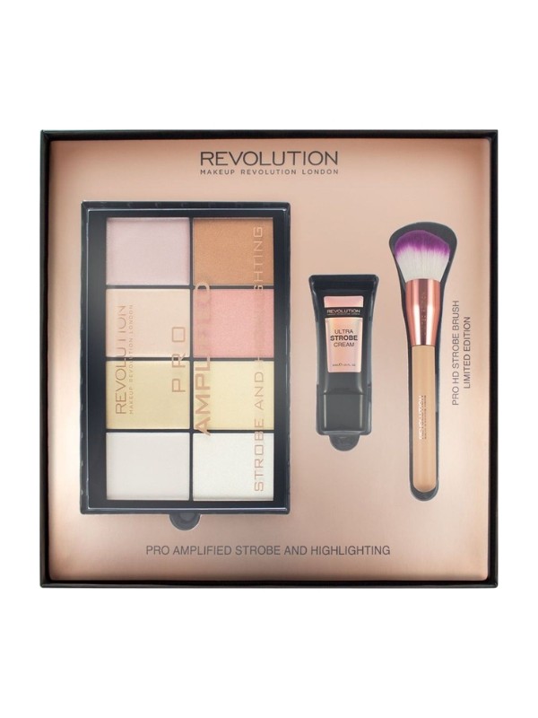 Revolution Gift Set: Highlighter Eyeshadow Palette, Cream Foundation, Highlighter Brush