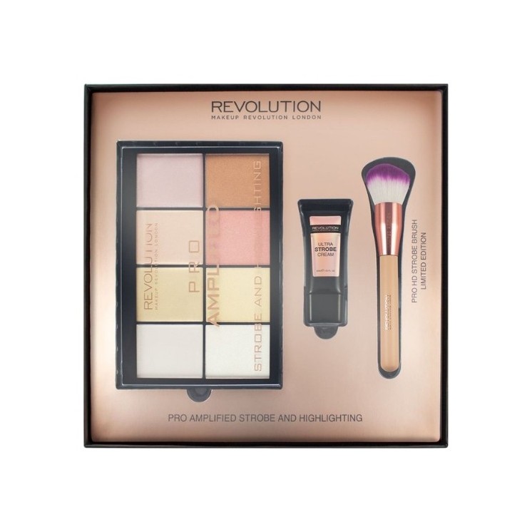 Revolution Gift Set: Highlighter Eyeshadow Palette, Cream Foundation, Highlighter Brush