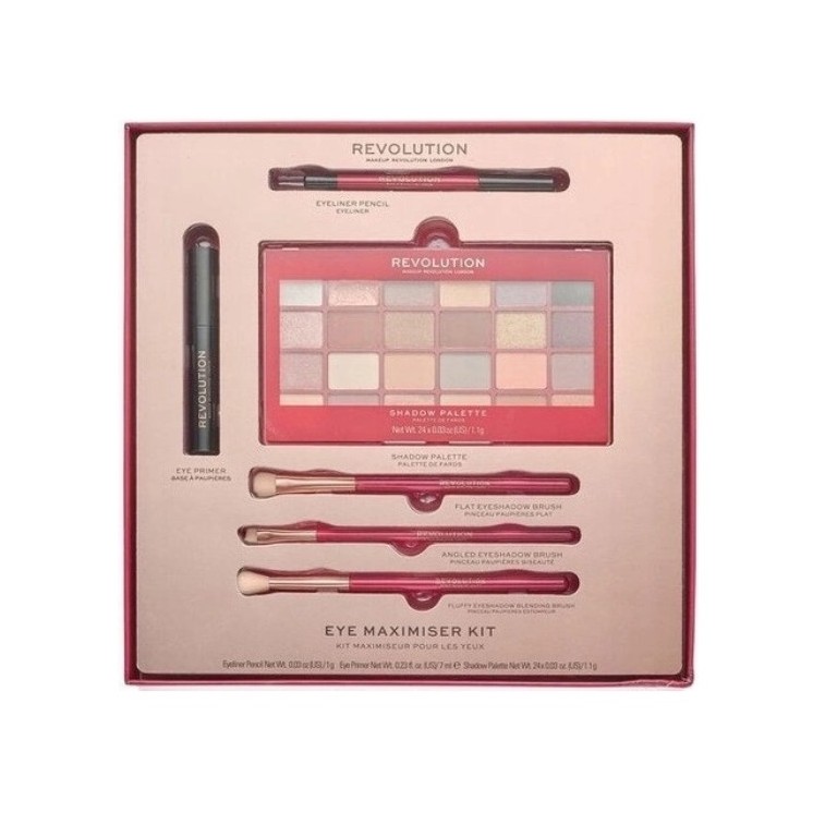 Revolution Eye Maximiser Kit Gift Set: Eyeshadow Palette, Eyeliner, Eyeshadow Primer and 3 Makeup Brushes