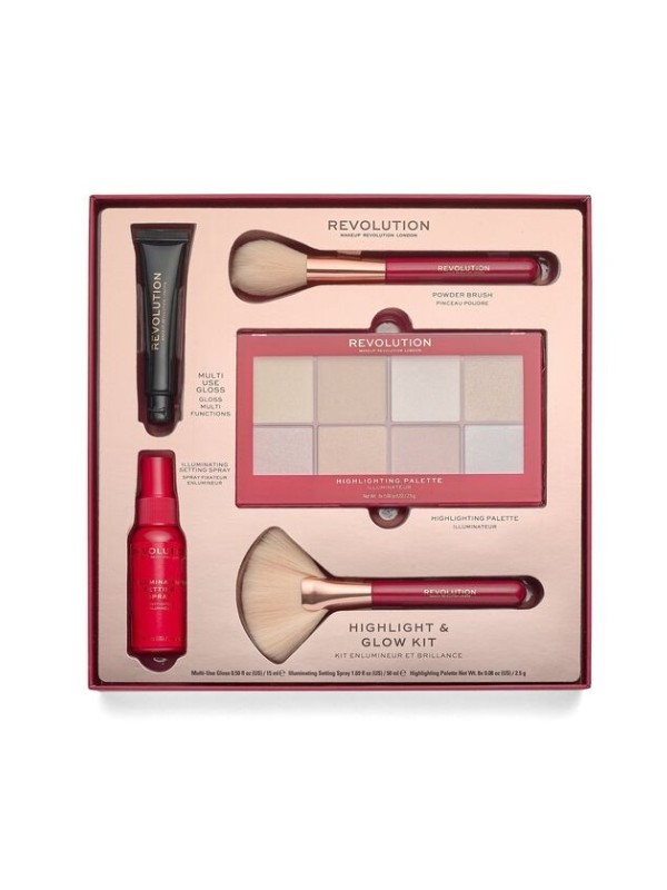 Revolution Highlight Glow Kit: Palet van 8 highlighters, setting spray, lipgloss en 2 make-up kwasten