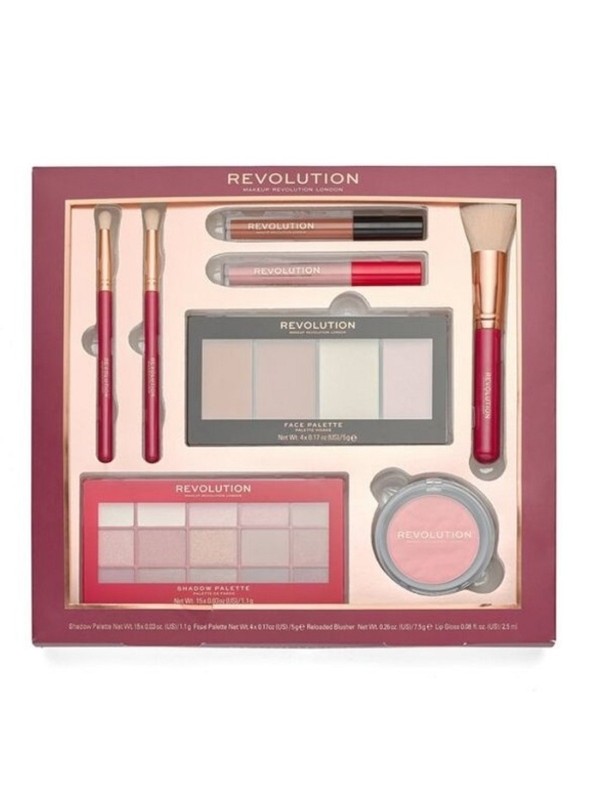 Revolution Reloaded Gift Set: Eyeshadow Palette, Face Palette, Blush, 2 Lip Glosses and 3 Makeup Brushes