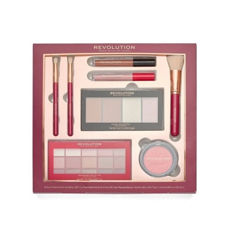 Revolution Reloaded Gift Set: Eyeshadow Palette, Face Palette, Blush, 2 Lip Glosses and 3 Makeup Brushes