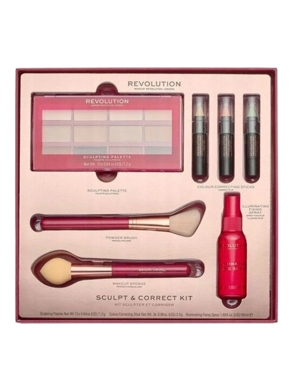 Revolution Sculpt Correct Kit Geschenkset: Konturpalette, Concealer in 3 Farbtönen, Fixierer und 2 Puderpinsel