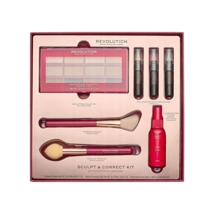 makeup Revolution Sculpt Correct Kit Gift Set: Contour Palette, Concealers in 3 shades, Fixer and 2 Powder Brushes