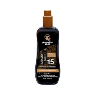 De Australian Gold SPF spraygel met bronzer beschermt tegen UVA/UVB-straling, trekt snel si , hydrateert en versterkt het effect
