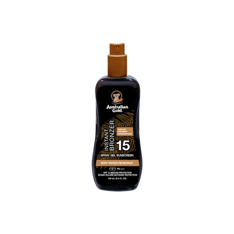 De Australian Gold SPF spraygel met bronzer beschermt tegen UVA/UVB-straling, trekt snel si , hydrateert en versterkt het effect