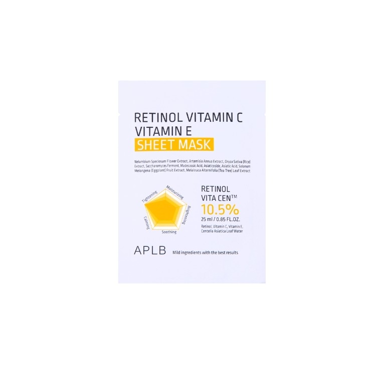 APLB Retinol Vitamin C Vitamin E Sheet Mask Maska w płachcie z Retinolem i Witaminami C i E 1sztuka - 25 ml APLB Retinol Vitamin C Vitamin E Sheet Mask Maska w płachcie z Retinolem i Witaminami C i E 1sztuka - 25 ml