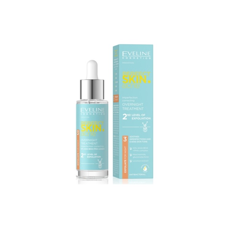 Eveline Perfect Skin Akne-Nachtbehandlung, korrigiert Hautunreinheiten, Peeling der 2. Stufe, 30 ml