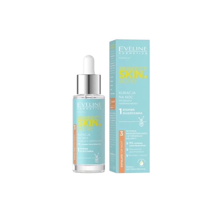 Eveline Perfect Skin Akne-Nachtbehandlung, korrigiert Hautunreinheiten, 1. Peeling-Grad, 30 ml